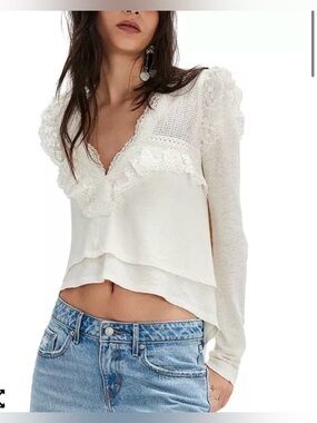 Free People Women Eva Cotton White Lace-Trim Layered V-Neck Long Sleeve Top